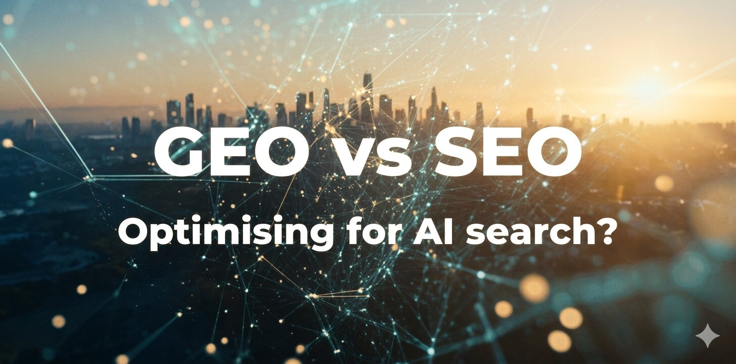 AI search comparison graphic with “GEO vs SEO” text over futuristic city network background.