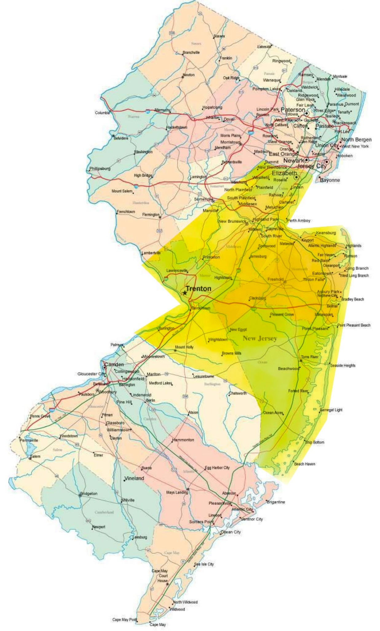 New Jersey service area map highlighting Central and coastal regions in yellow and green zones