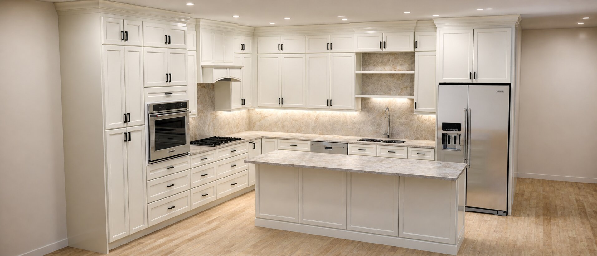 Modern white kitchen with shaker cabinets, marble countertops, stainless appliances, and large center island.
