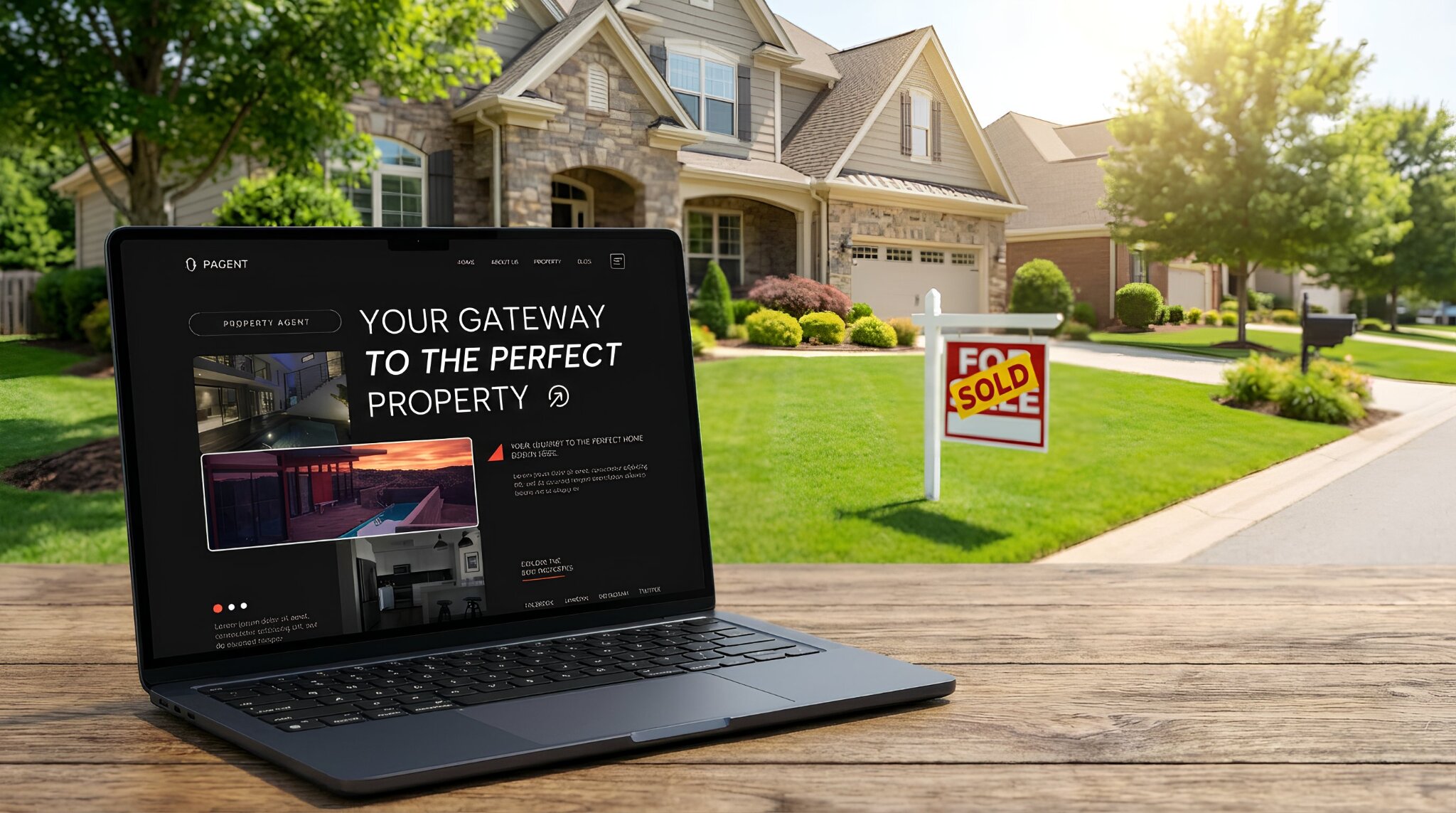 Laptop displaying real estate website beside sold home sign in suburban neighborhood.