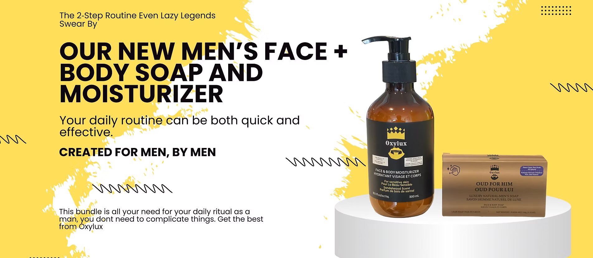 Oxylux men’s face and body soap with moisturizer displayed in bold yellow promotional advertisement.