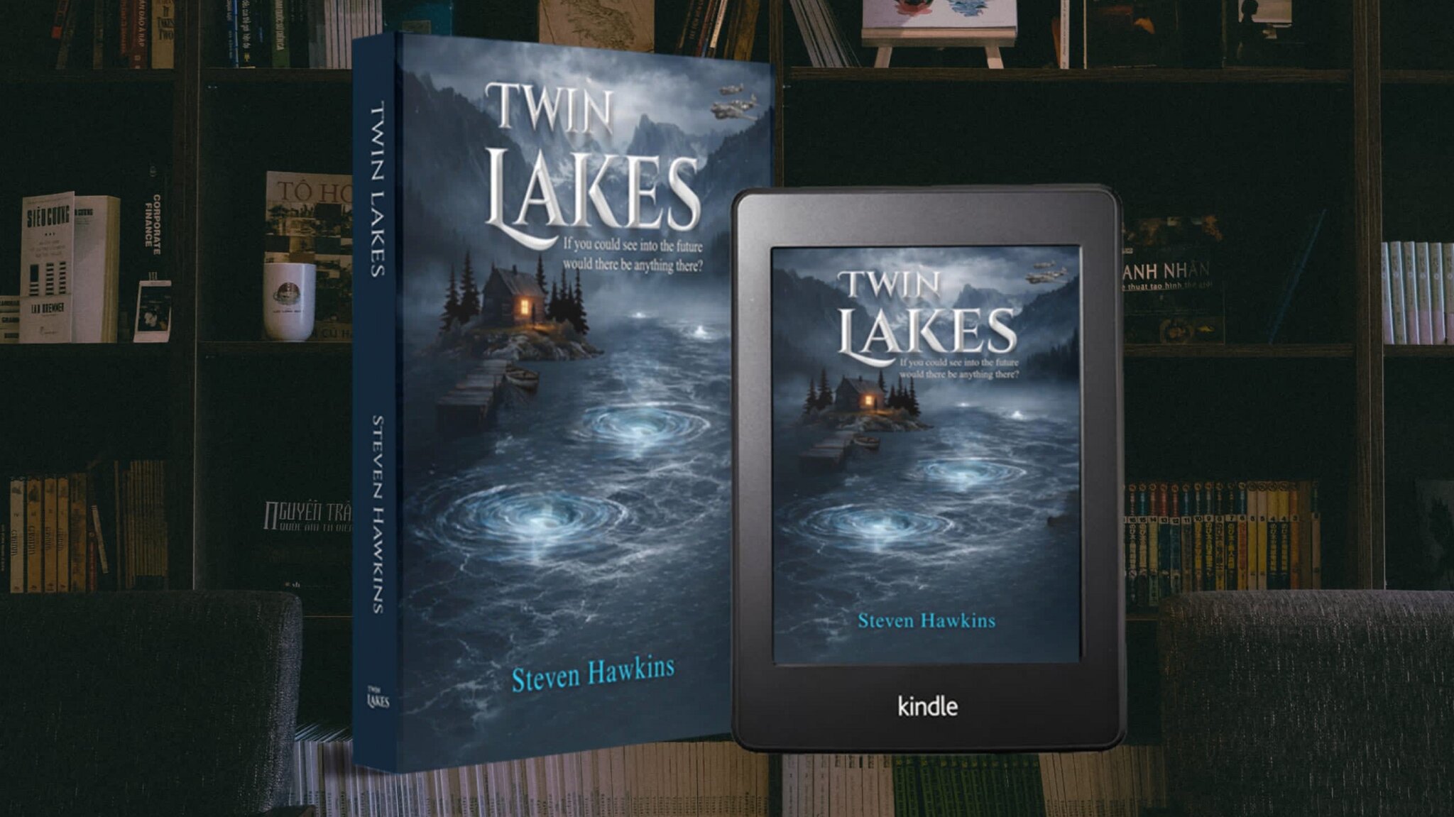 Book cover and Kindle display for “Twin Lakes” on a bookshelf background.