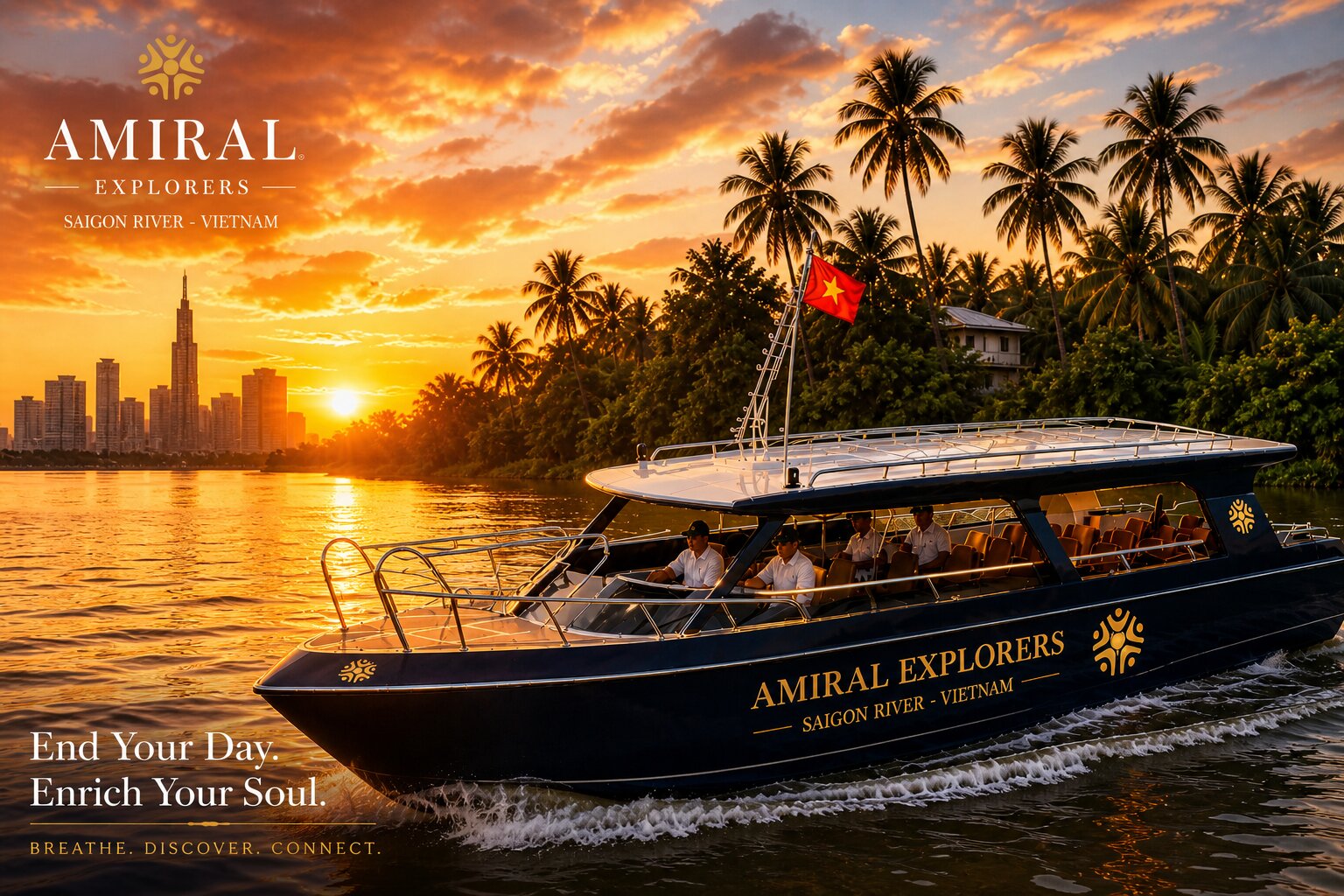 Luxury river cruise boat on Saigon River at sunset with palm trees and Ho Chi Minh City skyline.