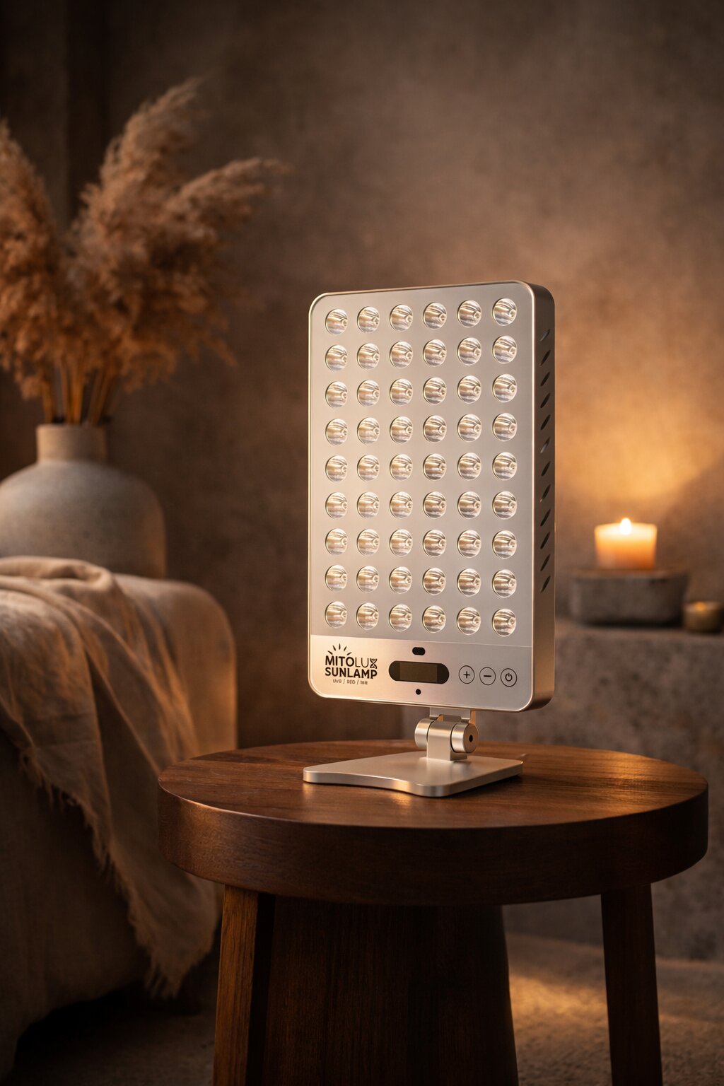 Mitolux sunlamp on wooden table in cozy bedroom setting with warm ambient lighting.