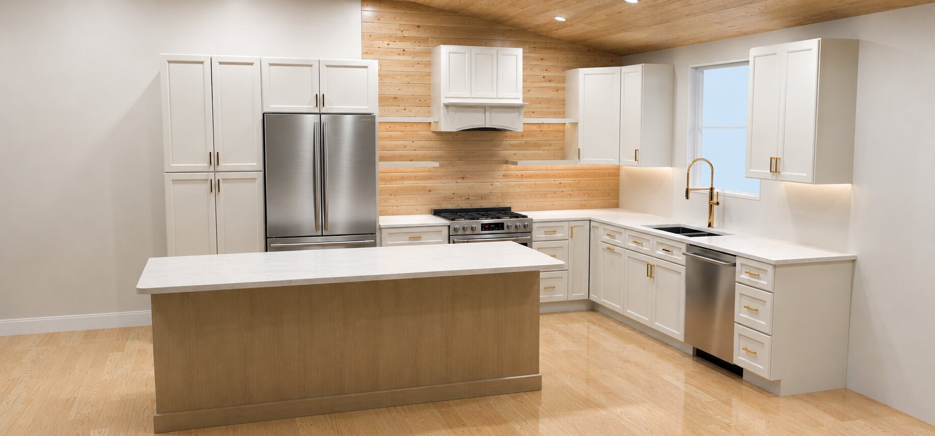 Modern white kitchen with wood accents, stainless appliances, and large island in newly renovated open-concept space.