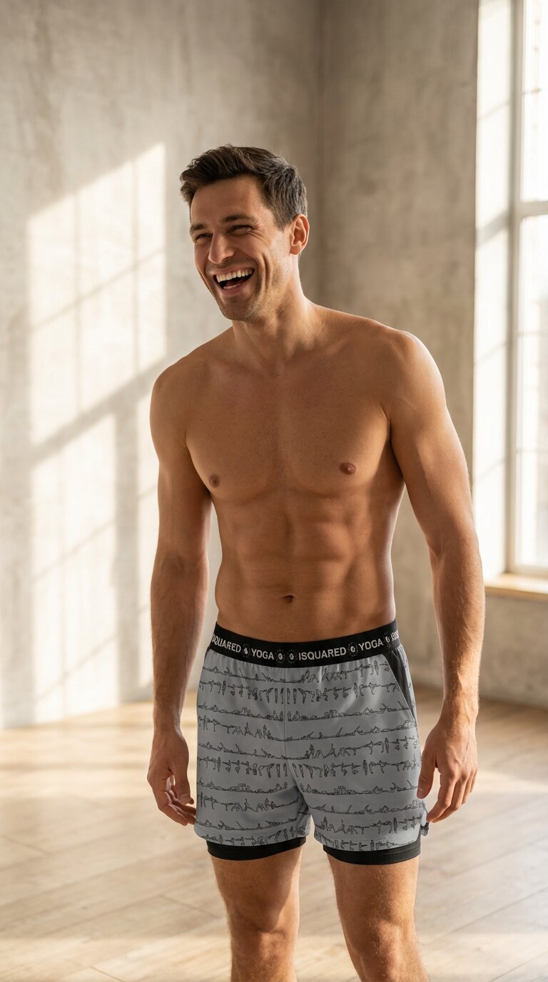 A man with a muscular build stands shirtless, wearing patterned gray shorts. He's laughing in a sunlit room with wooden floors, creating a joyful, relaxed mood.