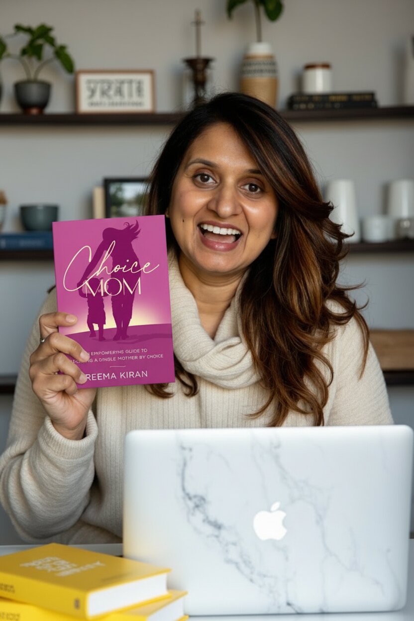 Woman holding “Choice Mom” book beside laptop in home office.