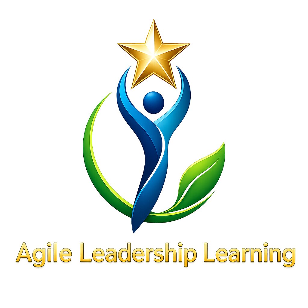 Agile Leadership Learning logo featuring stylized leader figure, green leaves, and gold star.