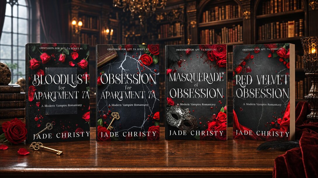 Four Jade Christy vampire romantasy novels displayed in a gothic library with roses, keys, and dark atmospheric decor.