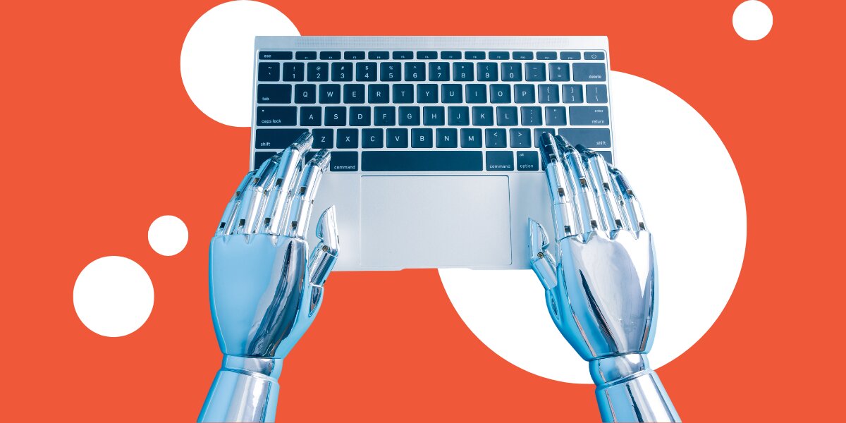 Robot hands typing on laptop, illustrating AI tools in education and test preparation.