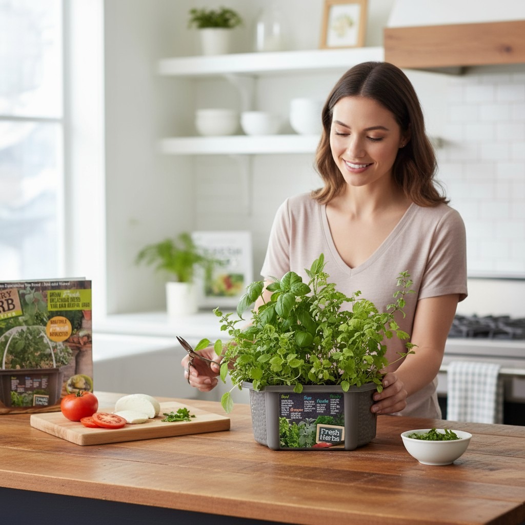 A woman smiles while trimming fresh herbs in a modern kitchen. Nearby, sliced tomatoes and mozzarella on a cutting board evoke a fresh, inviting ambiance.
