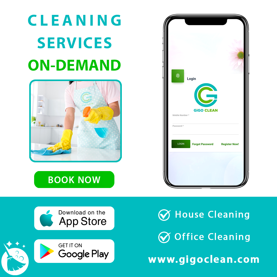 GiGO Clean app promotion for on-demand house and office cleaning services.