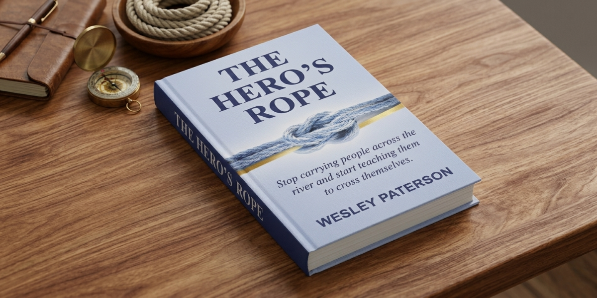 Book cover of The Hero’s Rope by Wesley Paterson on a wooden table.