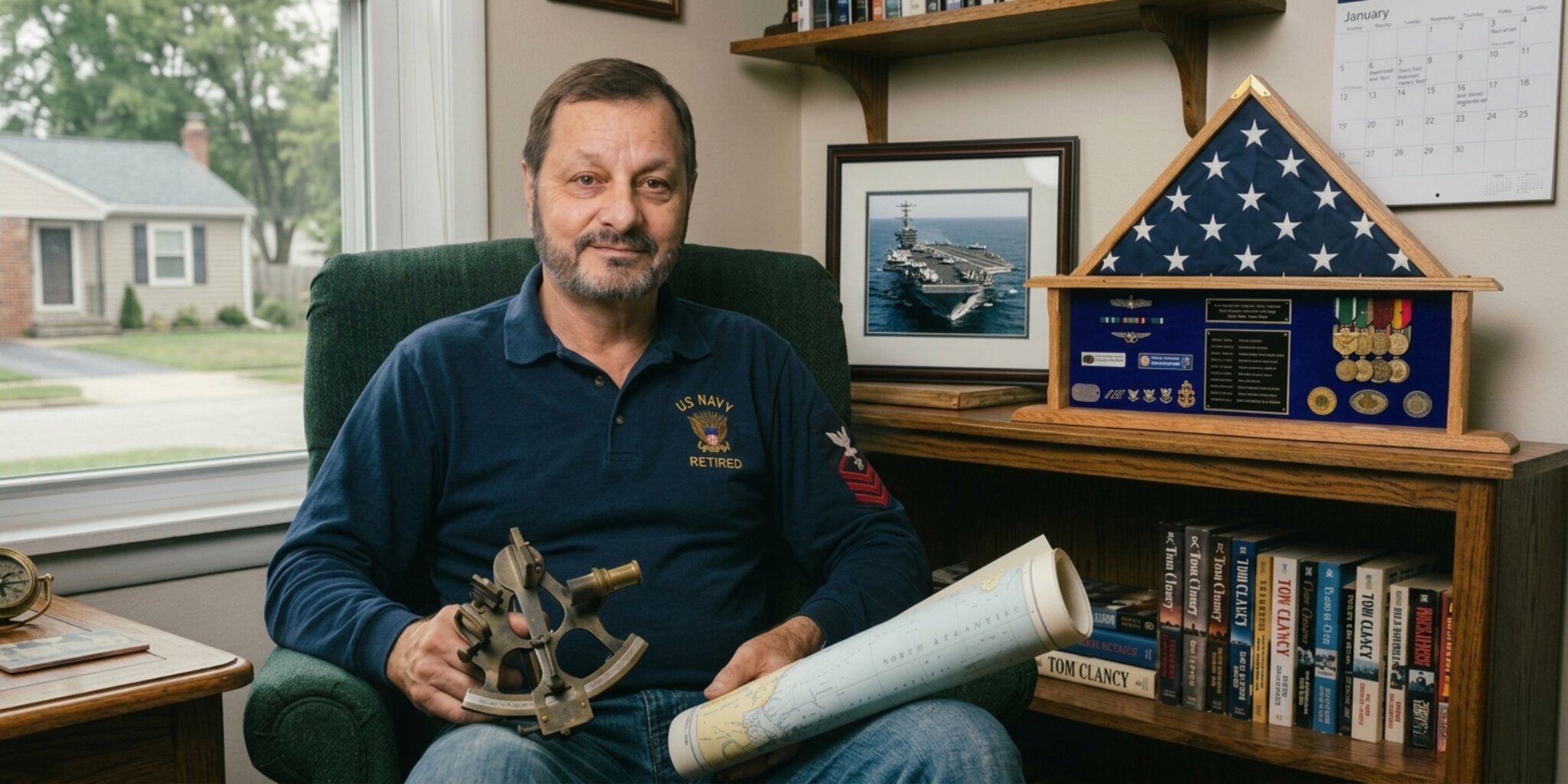 Retired Navy Chief Phillip Henslee seated with navigation tools and military honors in his office.