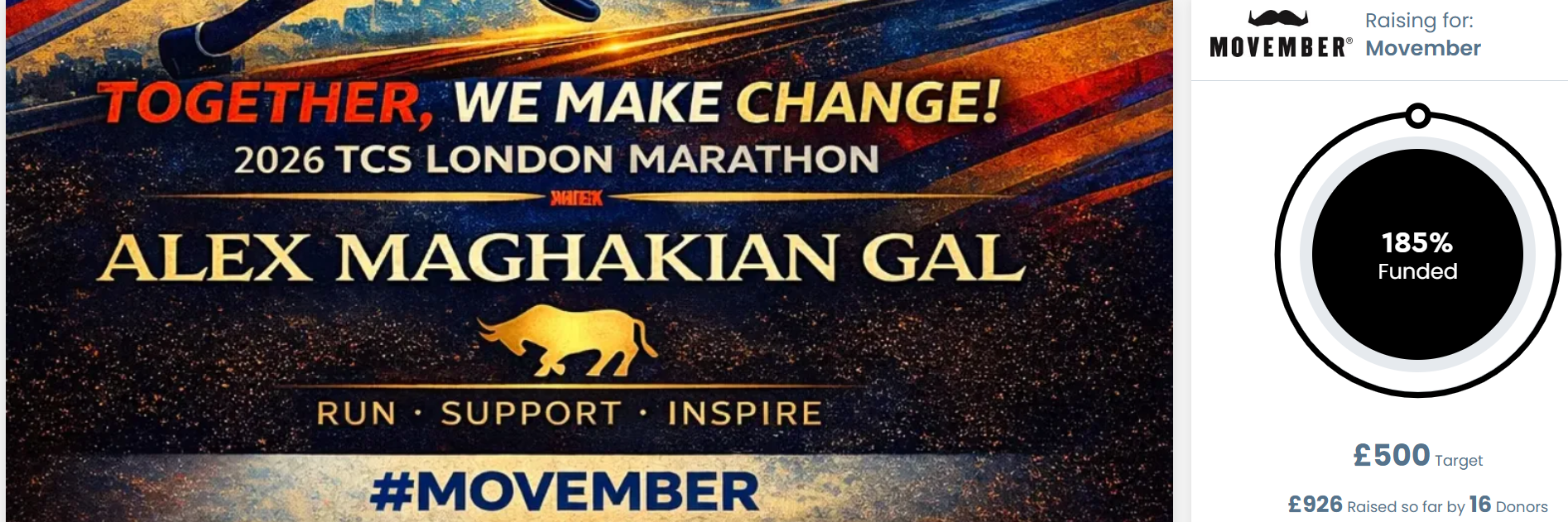 Promotional banner and fundraiser tracker for Alex Maghakian Gal’s 2026 Movember marathon campaign.