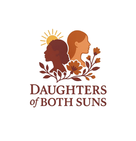 Daughters of Both Suns logo featuring two women silhouettes with floral and sun elements.