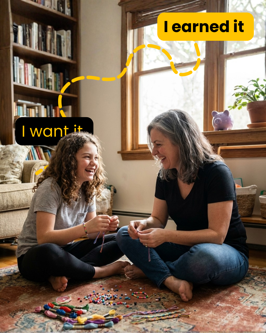 Mother guides daughter through a creative activity teaching patience, goals, and earning rewards.