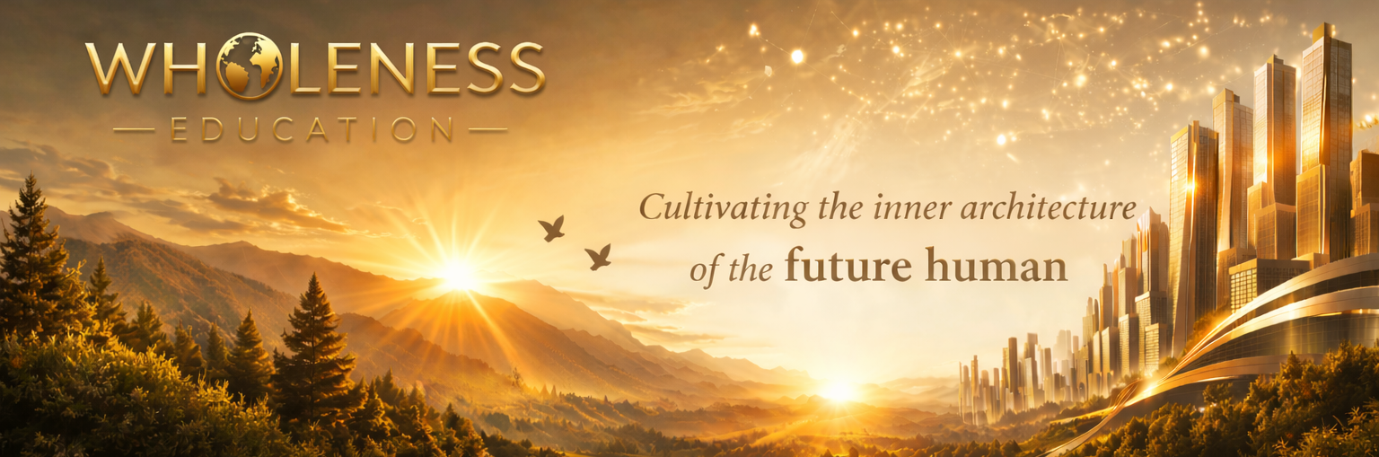 Golden sunrise over mountains and futuristic city with “Wholeness Education” and inspirational tagline.