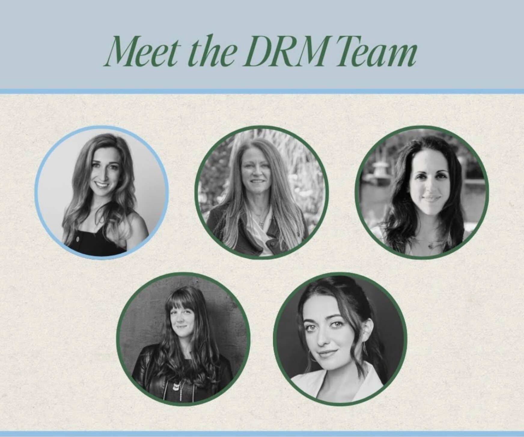 Meet the DRM Team” graphic featuring five Dara Rae Matchmaking team member portraits.