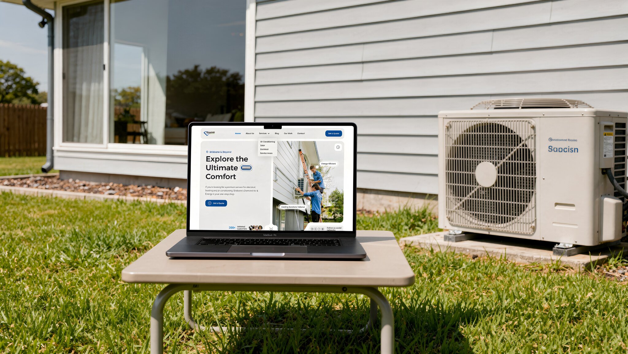 Laptop showing HVAC service website beside outdoor air conditioning unit outside modern home.