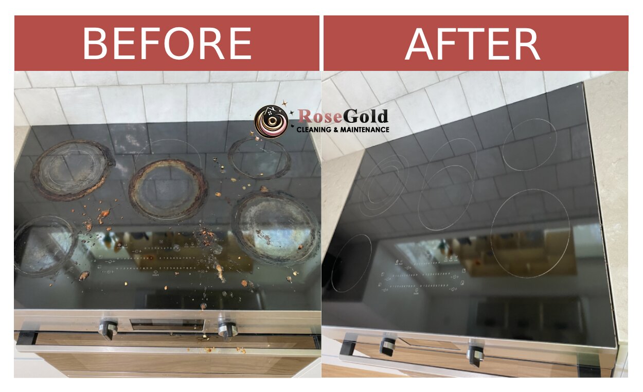 Before-and-after stovetop cleaning showing removal of grease, stains, and burnt residue from glass cooktop.