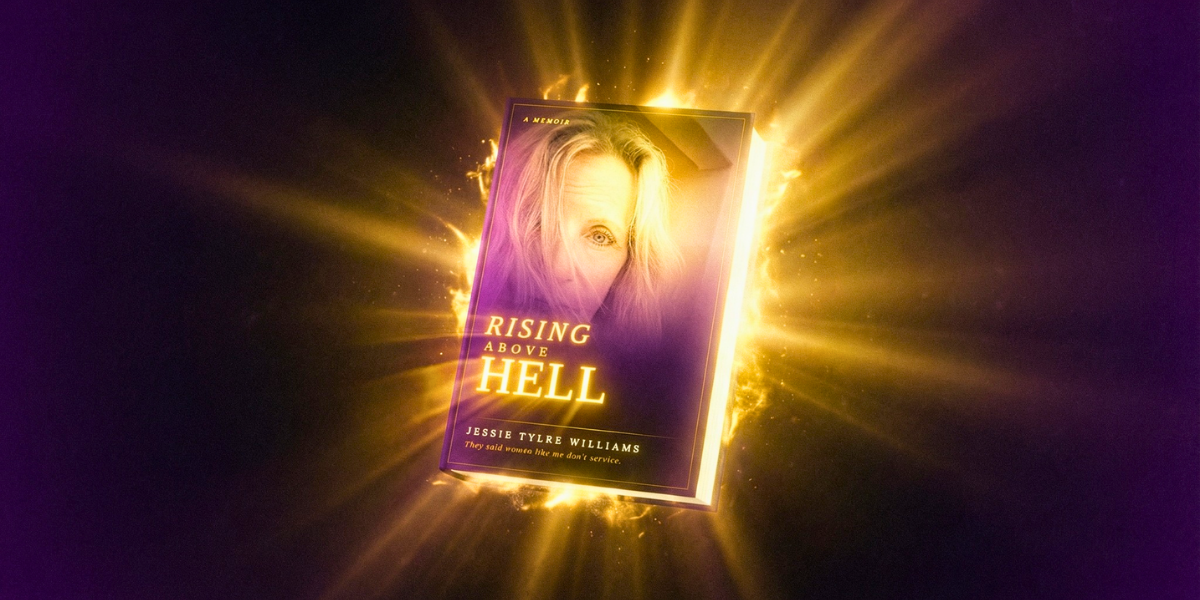 Glowing book cover of Rising Above Hell surrounded by radiant golden light.