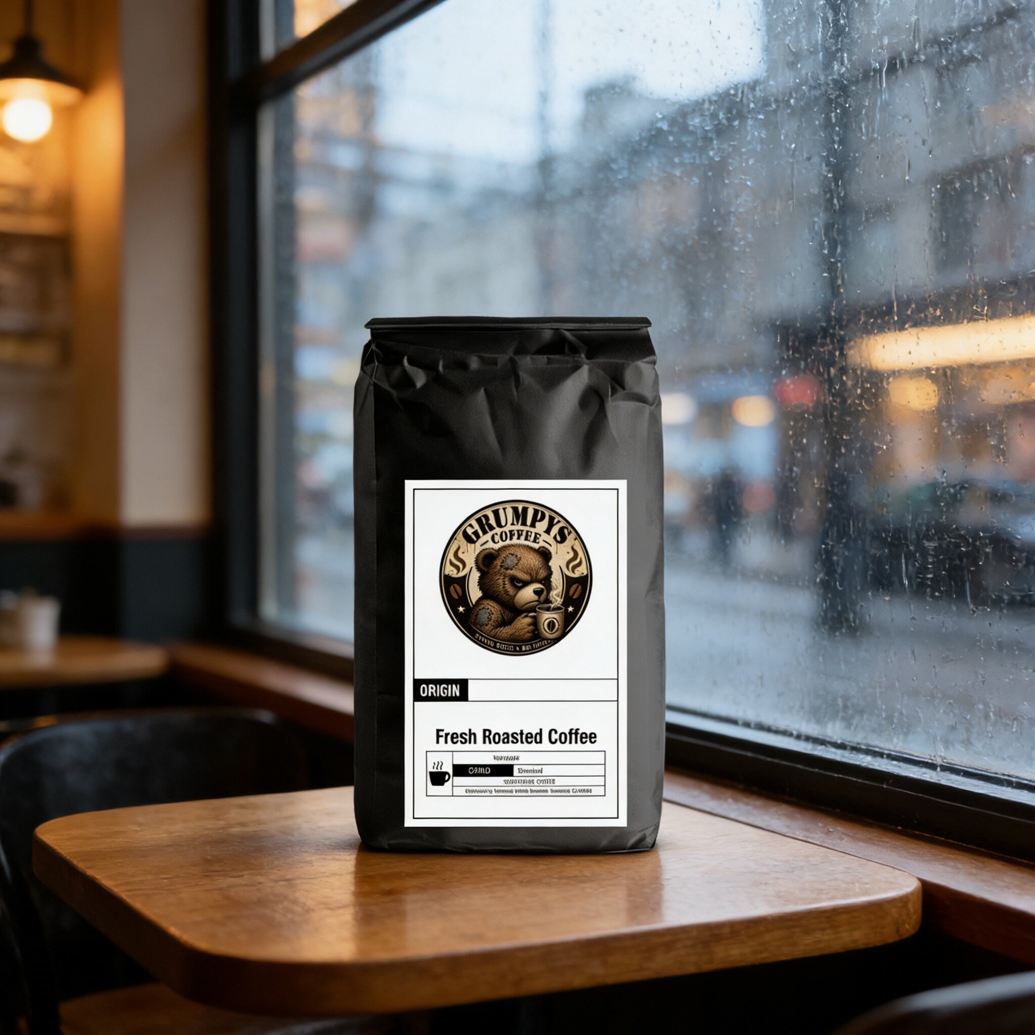 Bag of Grumpy’s Coffee on café table beside rainy window with blurred city street background.