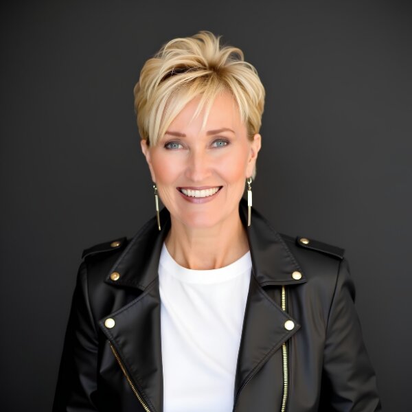 Professional headshot of author Jade Christy smiling in a black leather jacket against a dark background.