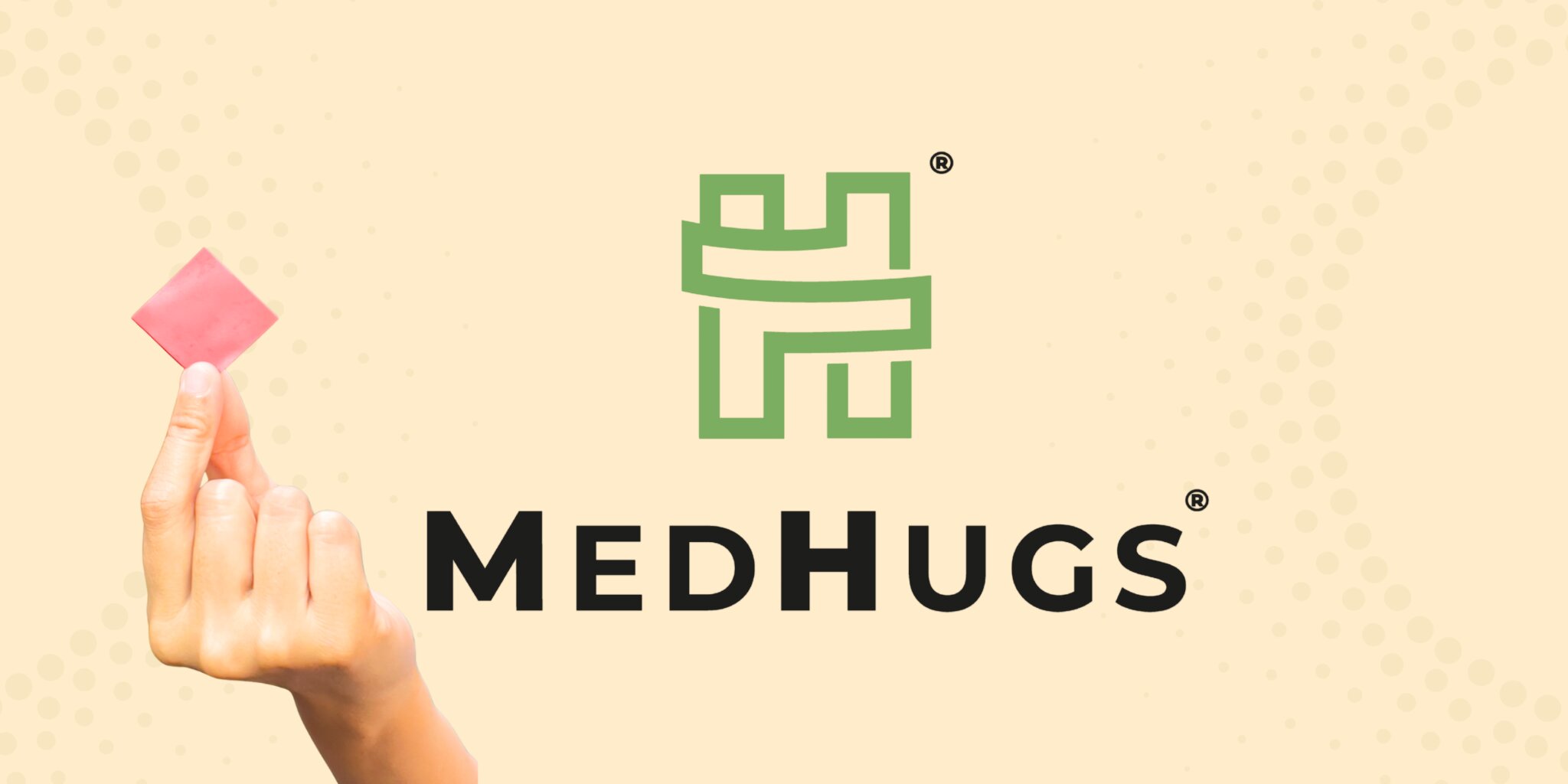 Hand holding a MedHugs oral thin film vitamin strip beside the MedHugs brand logo.