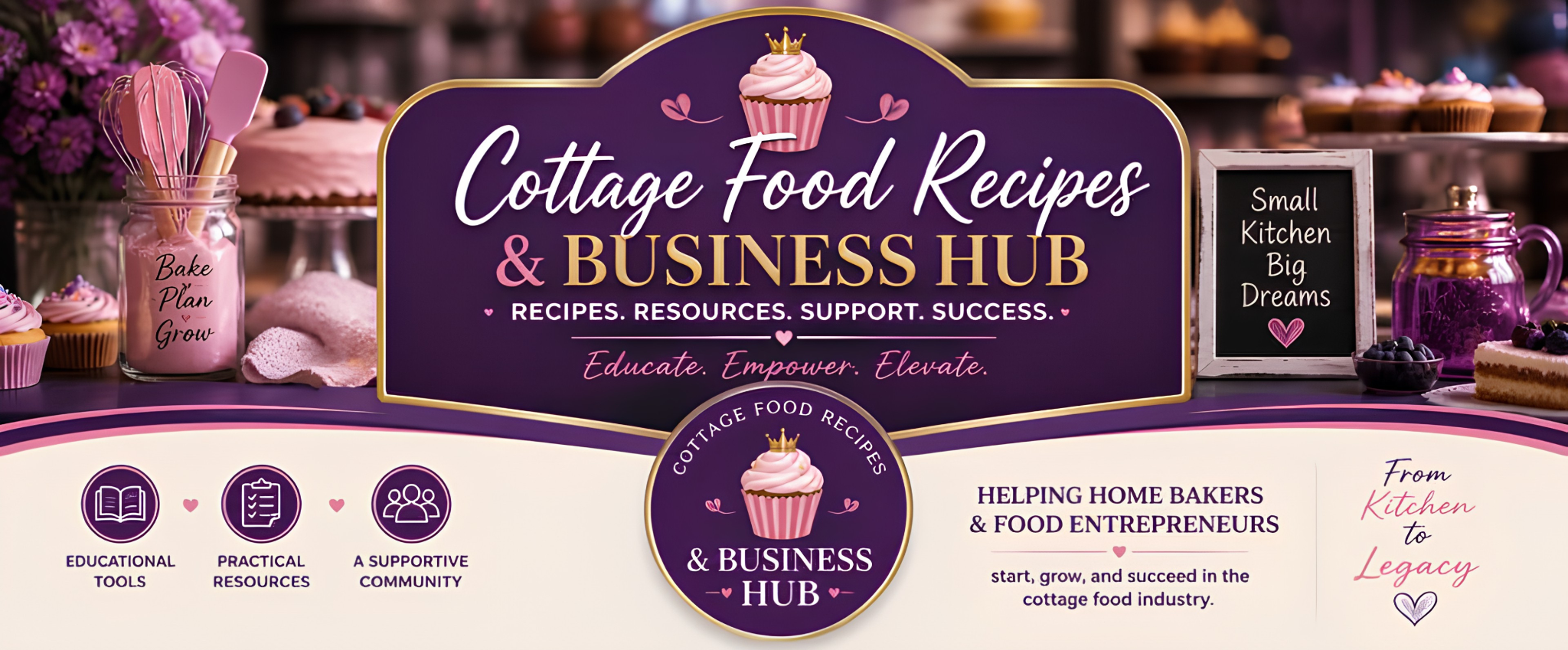 Cottage Food Recipes & Business Hub banner promoting support for home bakers and entrepreneurs.