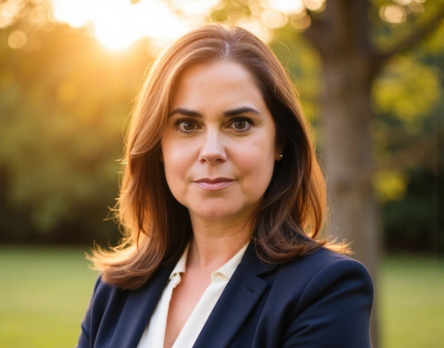 Professional portrait of psychologist Sandra Zecevic-Gonzalez outdoors in formal business attire.