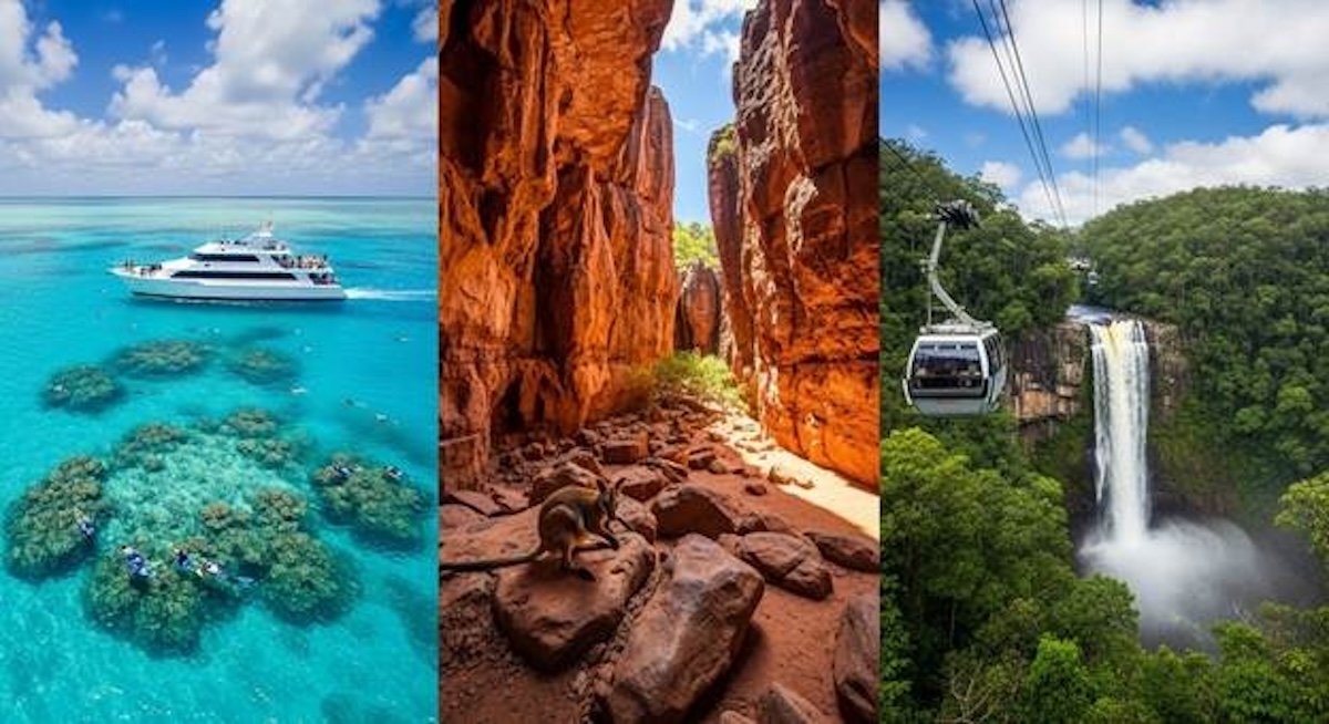 Collage of Great Barrier Reef cruise, red canyon landscape, and cable car beside rainforest waterfall.