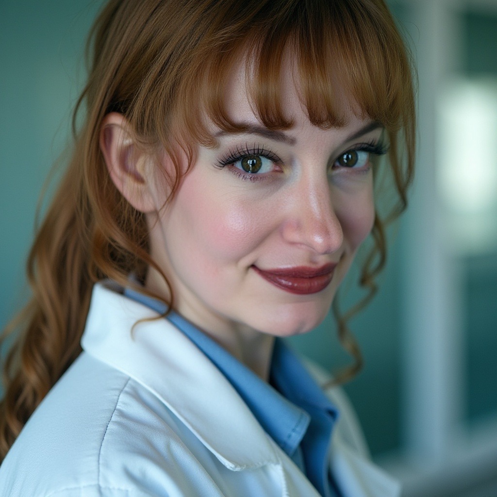 Close-up portrait of red-haired healthcare professional in a white lab coat.