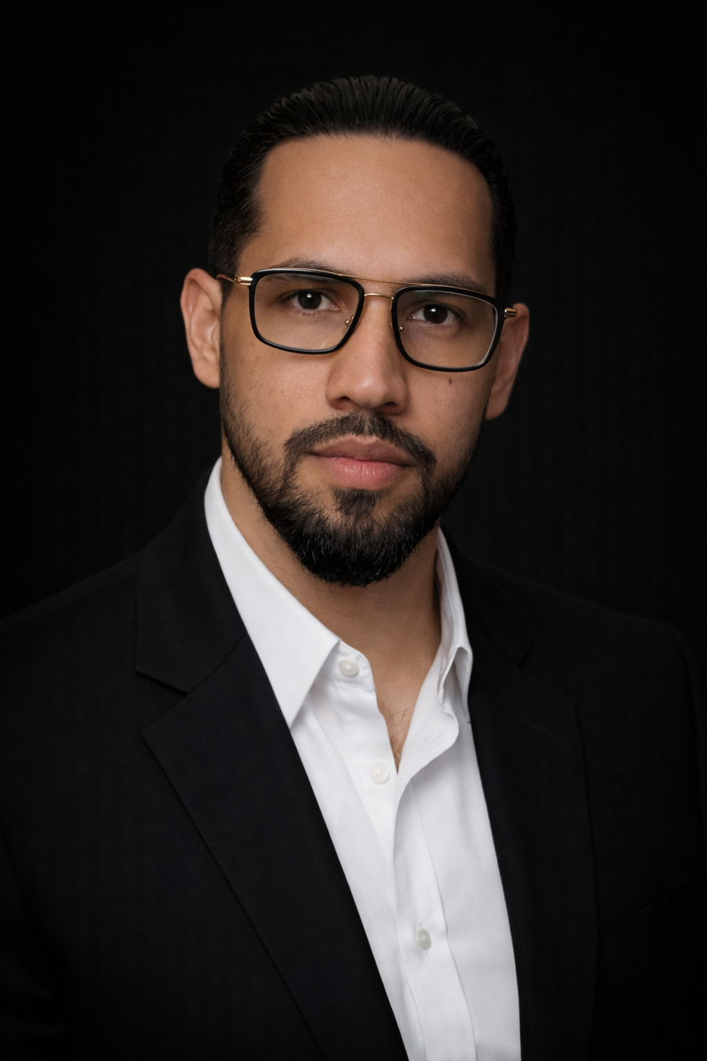 Bearded man wearing glasses and blazer in formal studio headshot.