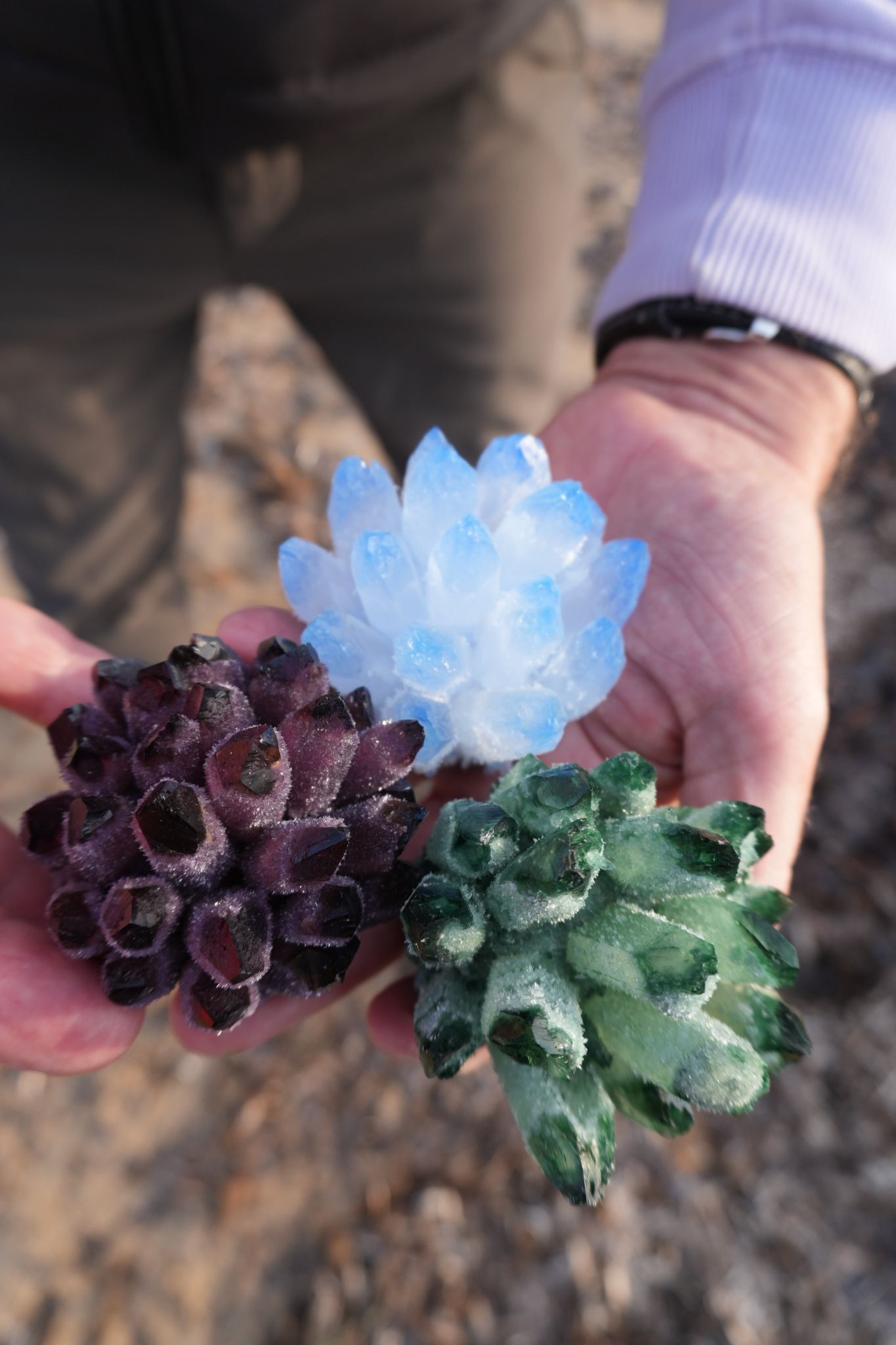 Close-up of hands holding three crystal formations resembling pinecones. They are colored purple, blue, and green, with a textured, frosty appearance.