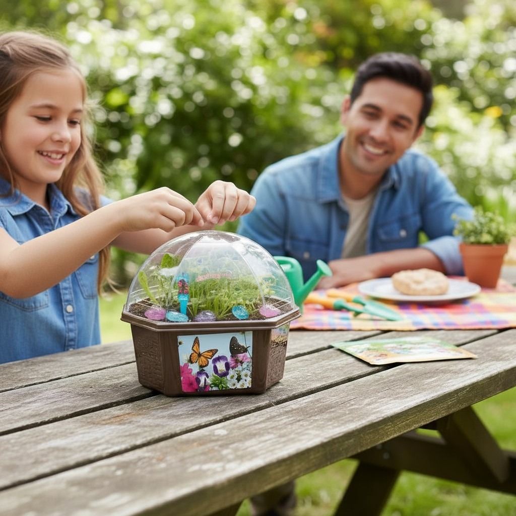 A young girl assembles a mini greenhouse on a picnic table, smiling as a man looks on. The scene is bright with sunlight and garden greenery.