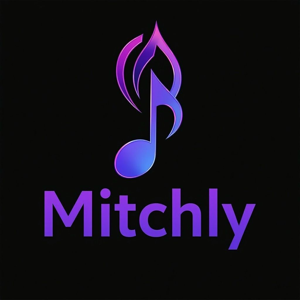 Purple Mitchly music note logo on black background.