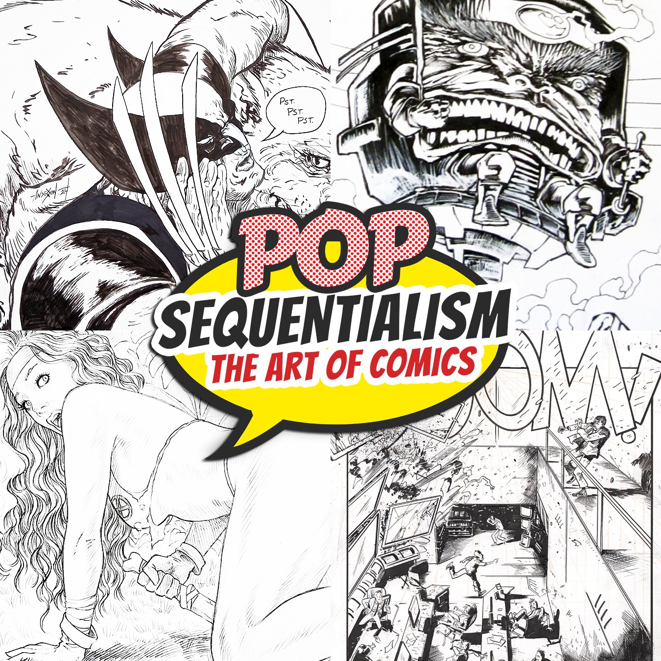 Artwork titled "Pop Sequentialism: The Art of Comics," showcasing affordable comic art and collectibles from renowned artists.
