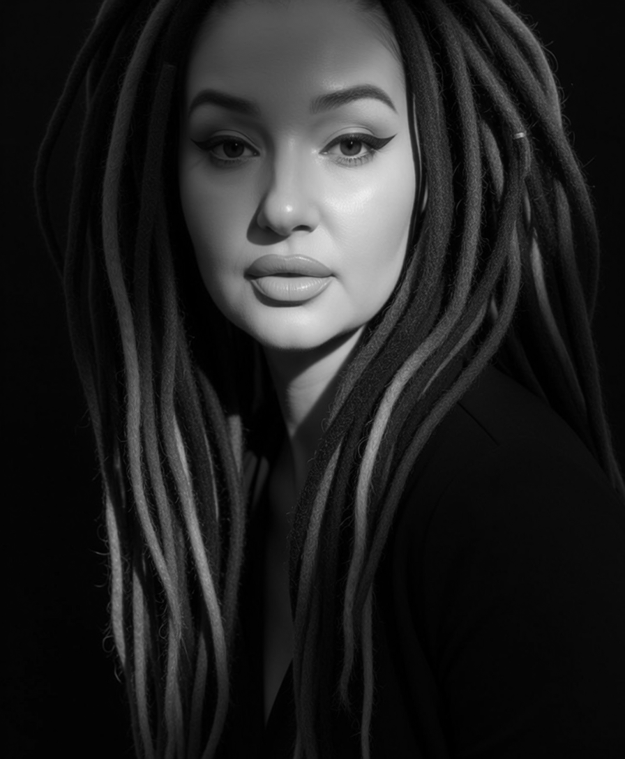 Close-up black-and-white portrait of woman with dreadlocks, defined eyeliner, serene and introspective gaze.