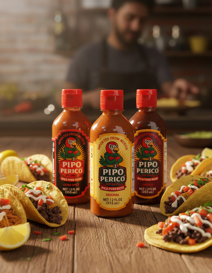Three Pipo Perico hot sauce bottles surrounded by tacos in a rustic kitchen setting.