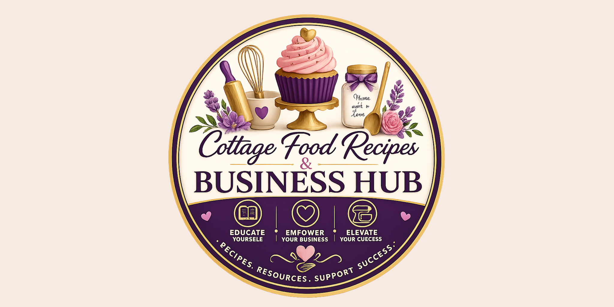 Cottage Food Recipes & Business Hub logo with baking tools and floral accents.