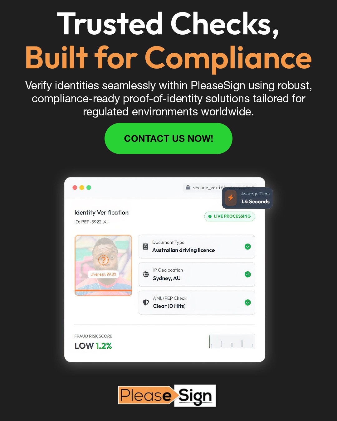 PleaseSign identity verification interface highlighting compliance, fraud checks, and secure authentication.