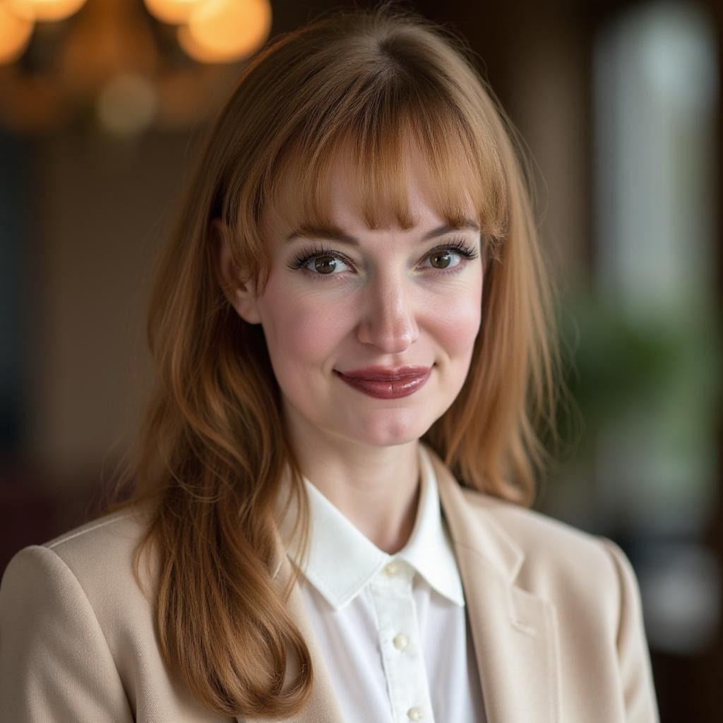 Smiling red-haired businesswoman in beige blazer with soft indoor lighting.