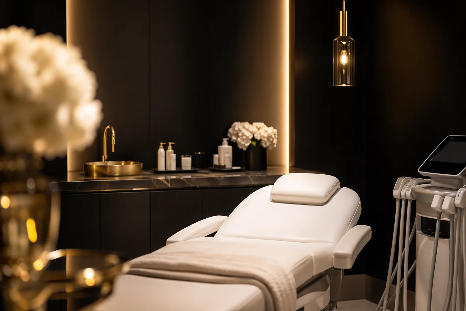 Luxury medspa treatment room with gold accents, aesthetic bed, and modern skincare equipment.
