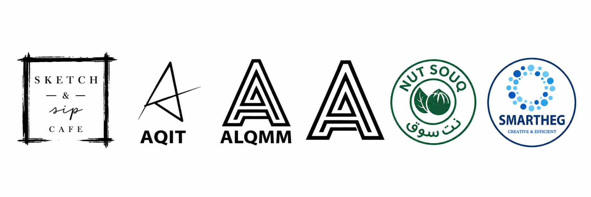 Collection of company logos including Sketch & Sip Cafe, AQIT, ALQMM, Nut Souq, and Smartheg.