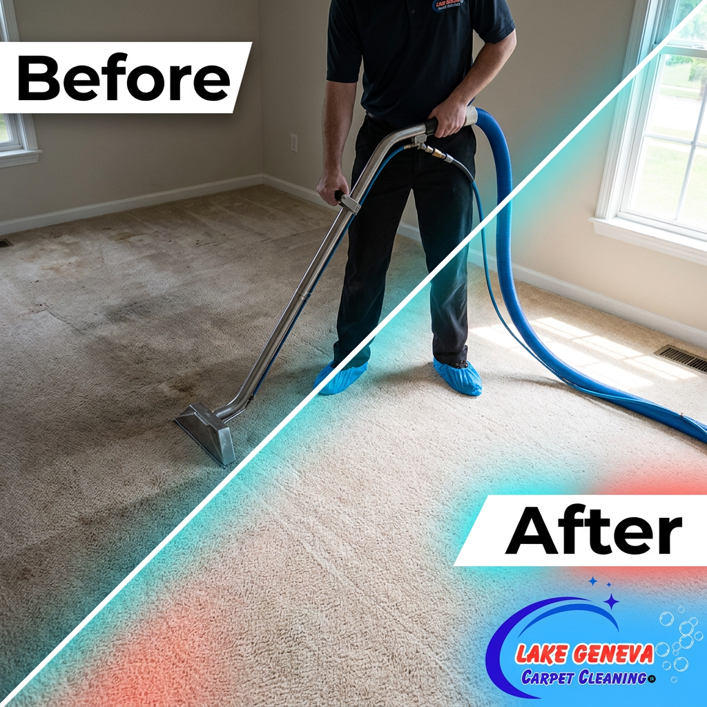 Professional carpet cleaning results comparing heavily soiled carpet to freshly cleaned carpet.