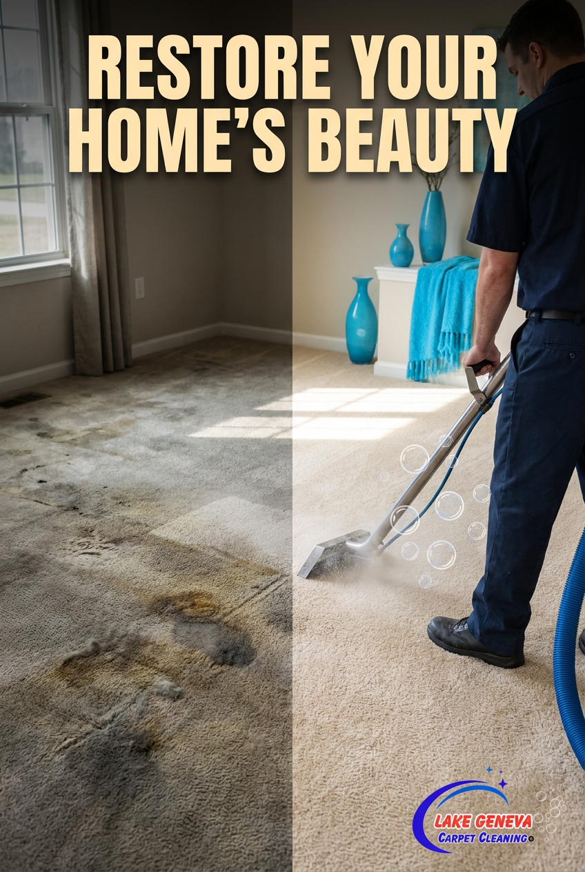 Before-and-after carpet cleaning transformation showing stain removal and restored carpet appearance.
