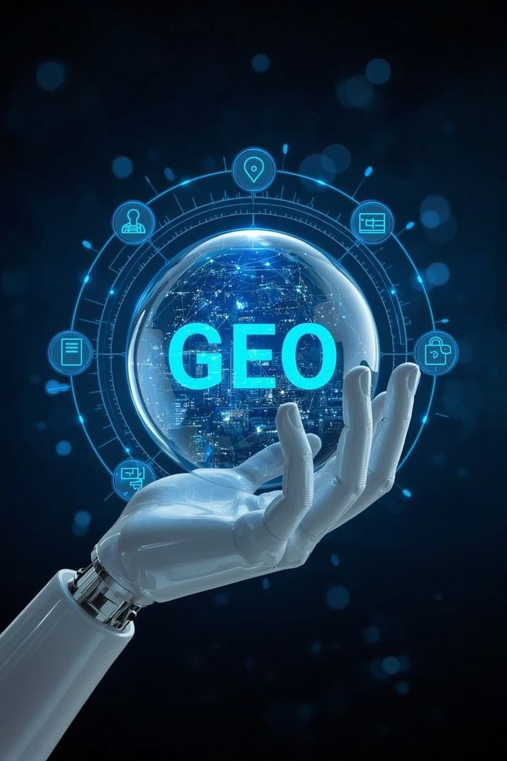 Robotic hand holding glowing GEO sphere symbolizing AI-driven search optimization and digital authority.