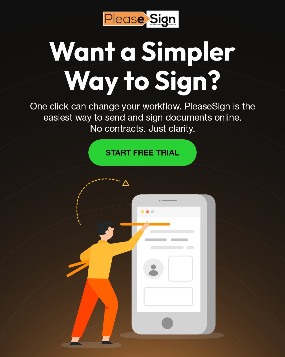 PleaseSign ad promoting simple online document signing with free trial offer.