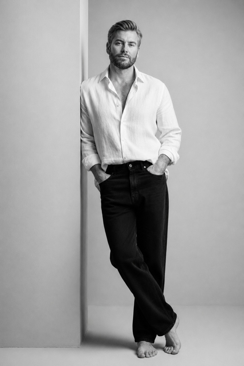 Black-and-white portrait of a barefoot man in a white shirt and dark jeans.